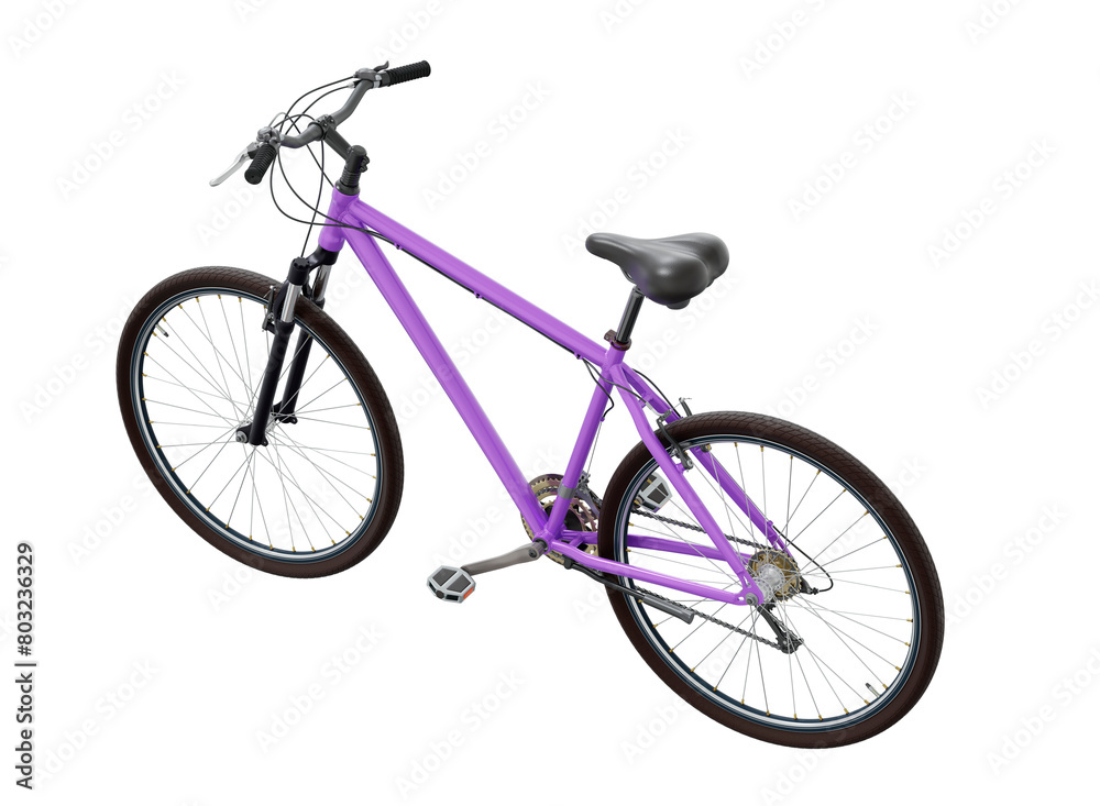 Purple bicycle, side top view. Black leather saddle and handles. Png clipart isolated on transparent background