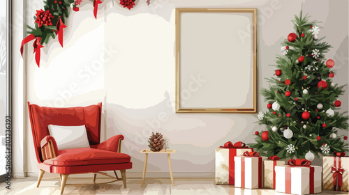 Beautiful Christmas tree gift boxes armchair and blan photo