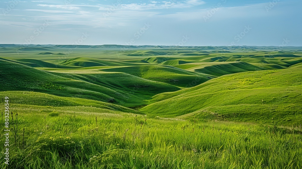 The grassy fields and rolling hills of Grasslands National Park in Val Marie, Saskatchewan, Canada, are a vibrant green.