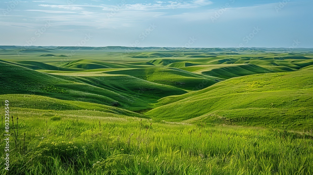 The grassy fields and rolling hills of Grasslands National Park in Val Marie, Saskatchewan, Canada, are a vibrant green. The grassy fields and rolling hills of Grasslands National Park in Val Marie, Saskatchewan, Canada, are a vibrant green.