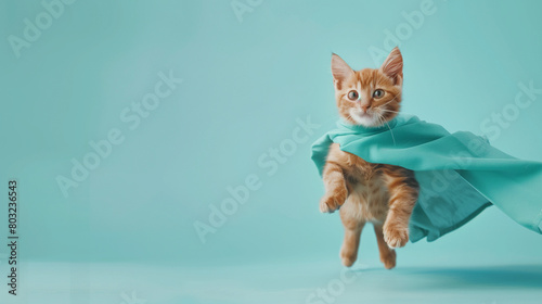 superhero cat, Cute orange tabby kitty with a blue cloak and mask jumping and flying on light blue background with copy space. The concept of a superhero, super cat, leader, funny animal studio shot © Muhammad