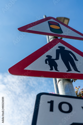 Traffic lights signal sign with pedestrian sign