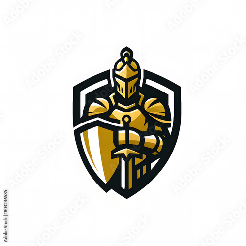 A highly stylized logo featuring a knight in golden armor holding a sword and shield against a white background.
