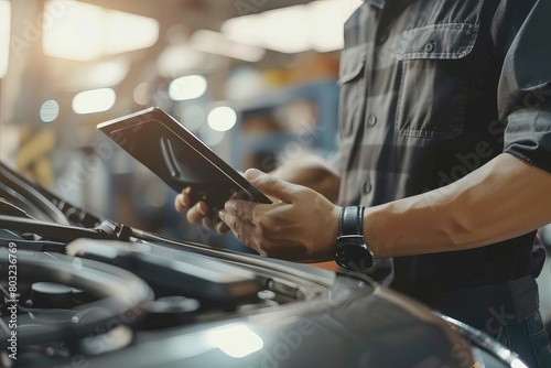 mechanic using tablet for car diagnostics and technical review automotive technology