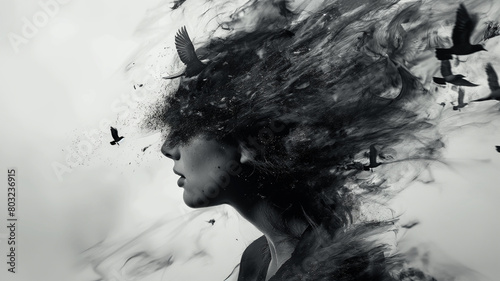 Woman with hair blowing in the wind with flying birds black and white style  photo