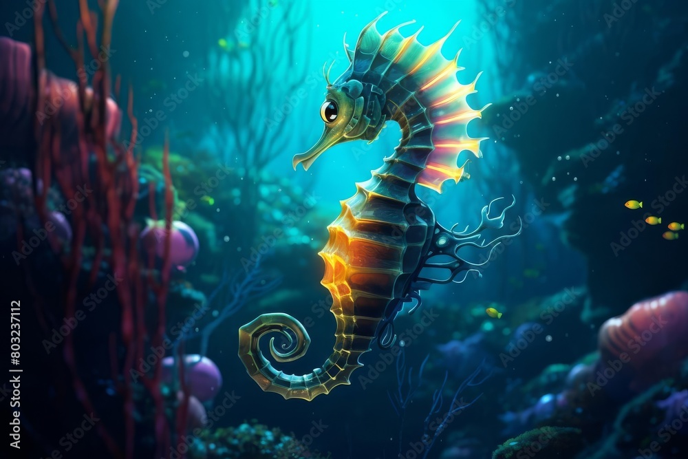 A beautiful and unique steampunk-style illustration of a happy and colorful seahorse A beautiful and unique steampunk-style illustration of a happy and colorful seahorse