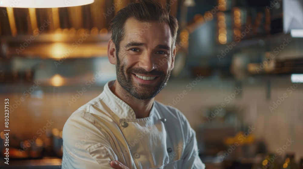 A man standing with his arms crossed in a kitchen. Suitable for lifestyle and cooking themes A man standing with his arms crossed in a kitchen. Suitable for lifestyle and cooking themes