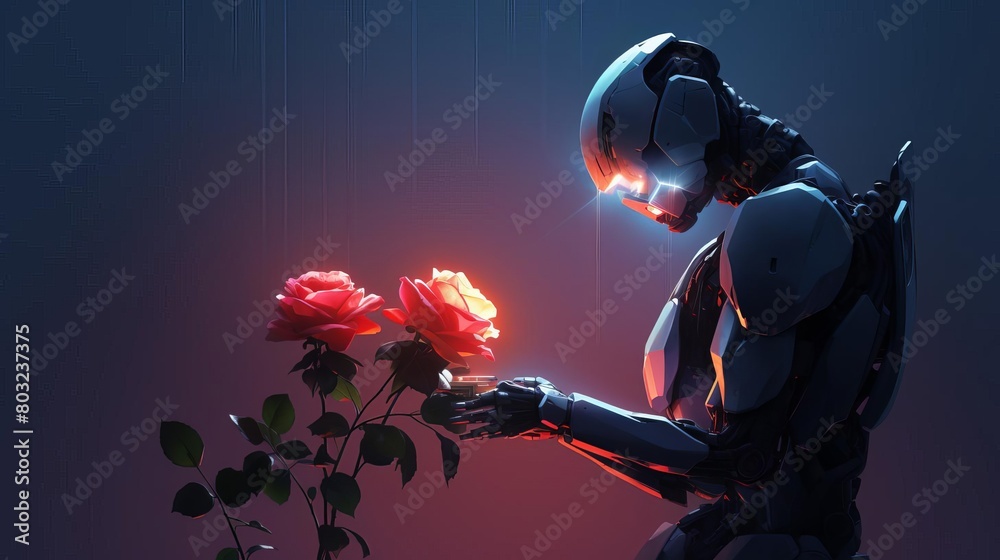 Fototapeta premium A lone robot holding a single rose