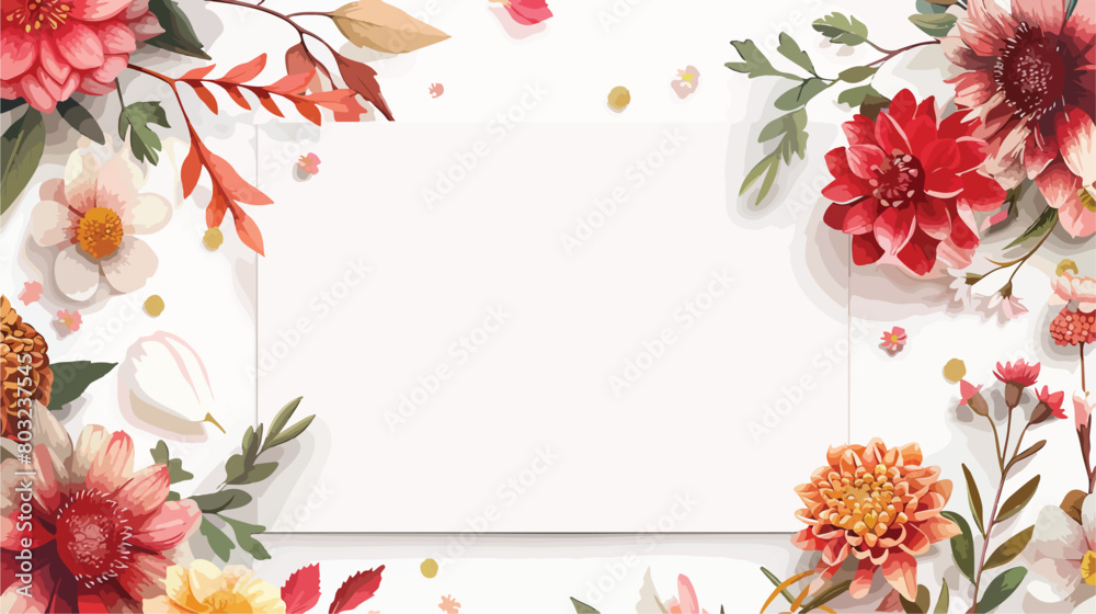 Beautiful flowers and empty card on white background 