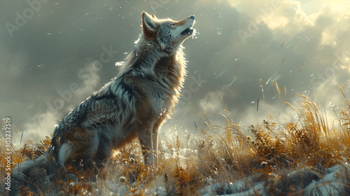 A Coyote Howls in the Distance Its Mournful Cry, A captivating composition showcasing a lone wolf traversing a rugged wilderness landscape, background image