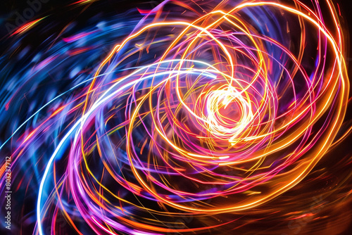 A long exposure image capturing the dynamic movement of neon tubes in a spiral shape.