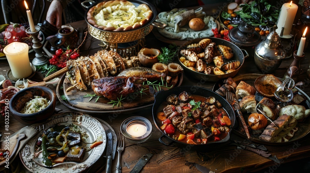 A medieval feast with dishes that tell the history of a mythical kingdom