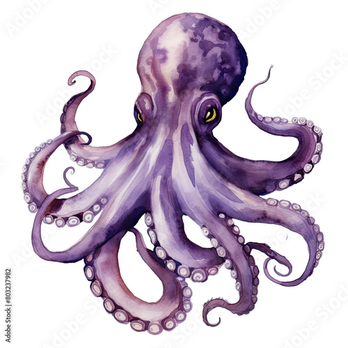 AI-Generated Watercolor Purple Octopus Clip Art Illustration. Isolated elements on a white background.