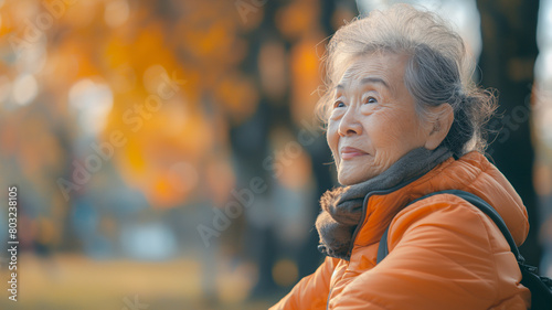 A portrait of a smiling senior woman enjoying a Atumn seasonal in the park photo