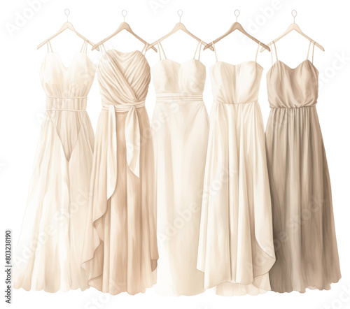 Set of bridesmaids dresses hanging on rack photo