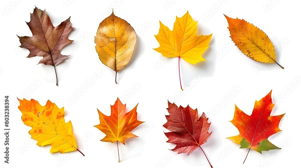 Diverse Autumn Leaves in Brilliant Colors Displayed on a White Background Diverse Autumn Leaves in Brilliant Colors Displayed on a White Background