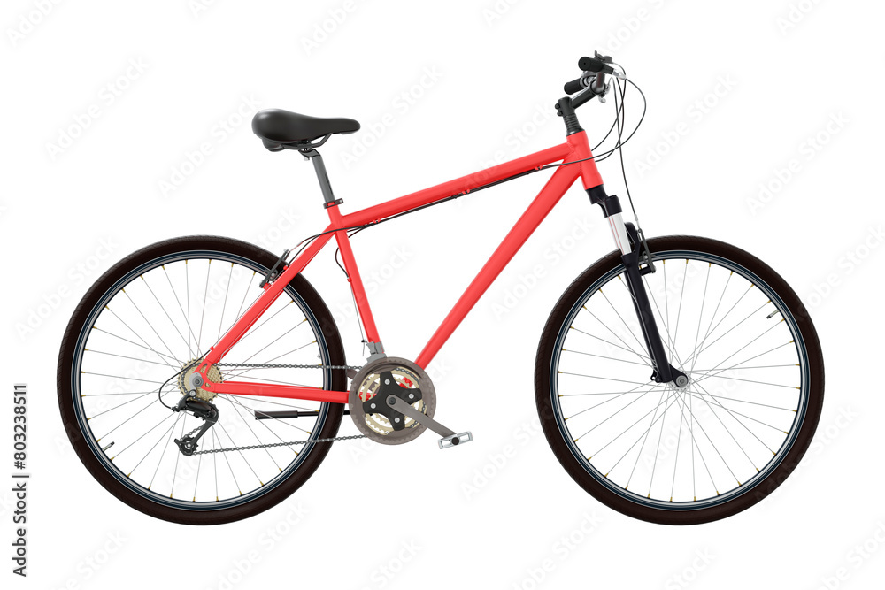 Red bicycle, side view. Black leather saddle and handles. Png clipart isolated on transparent background Red bicycle, side view. Black leather saddle and handles. Png clipart isolated on transparent background