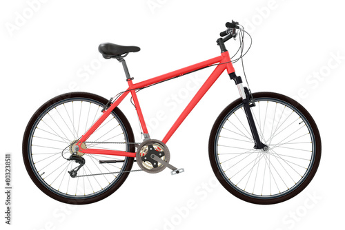 Red bicycle, side view. Black leather saddle and handles. Png clipart isolated on transparent background