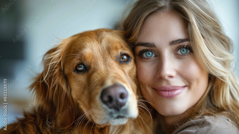 Closeup of a female human doctor with a stethoscope and white gloves holding a golden retriever dog in a clinic room Closeup of a female human doctor with a stethoscope and white gloves holding a golden retriever dog in a clinic room
