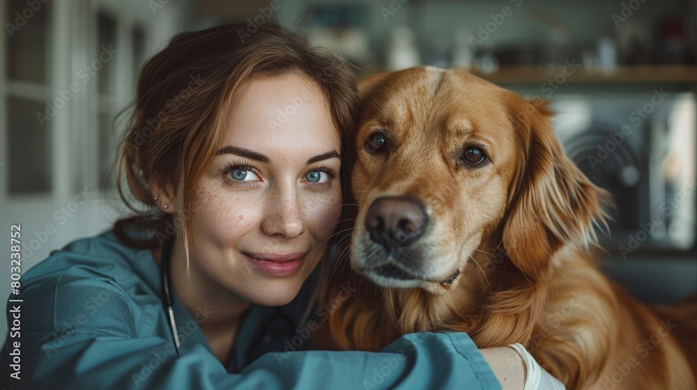 Closeup of a female human doctor with a stethoscope and white gloves holding a golden retriever dog in a clinic room Closeup of a female human doctor with a stethoscope and white gloves holding a golden retriever dog in a clinic room
