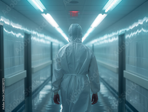 Medical worker in PPE uniform Walking in the hospital corridor  photo