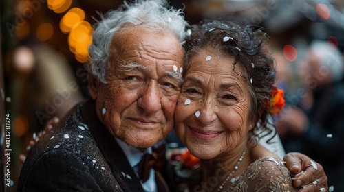 Happy senior couple at wedding ceremony, confetti rain. A smiling old Man and Woman in Love getting married © Photo Designer 4k