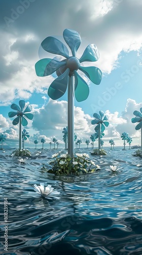 A floating wind farm with turbines that resemble giant flowers, harnessing wind and solar energy photo