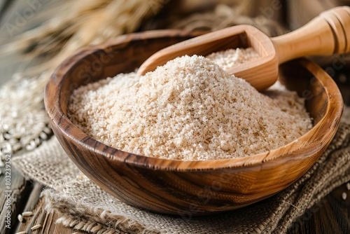 organic psyllium husk powder in bowl with scoop healthy dietary fiber supplement