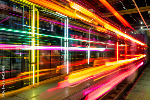 A long exposure shot of neon tubes creating streaks of light in motion.