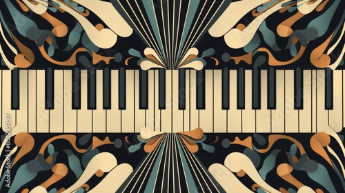 Artistic symmetrical pattern with abstract musical notation inspired design in black and beige photo