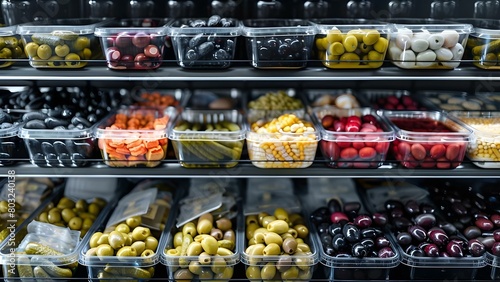 Supermarket shelf with various pickles olives and preserved foods for sale. Concept Food Display, Preserved Foods, Pickles, Olives, Supermarket Shelf