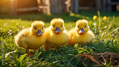 Cute ducklings on a summer farm