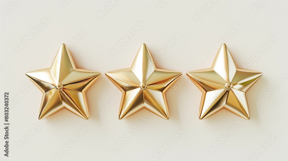 Three gold stars gleaming on a white backdrop, rendered in three dimensions Three gold stars gleaming on a white backdrop, rendered in three dimensions