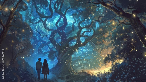 A couple exploring a magical forest where trees grow into shapes of their memories