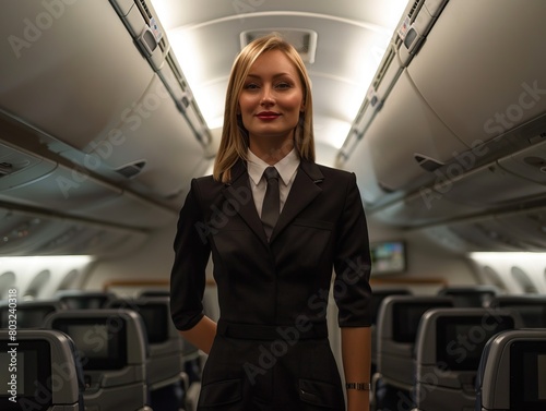 Professional female flight attendant standing in aircraft cabin
