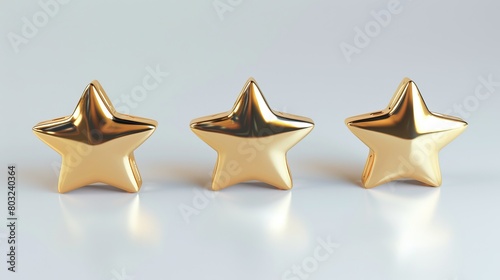 Three gold stars gleaming on a white backdrop  rendered in three dimensions