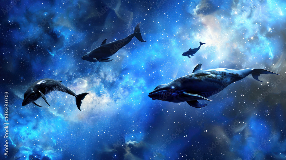 Сosmic blue background with floating whales Сosmic blue background with floating whales