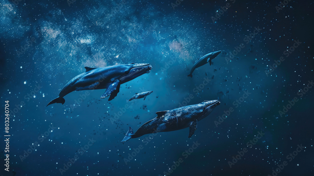 Fototapeta premium Сosmic blue background with floating whales