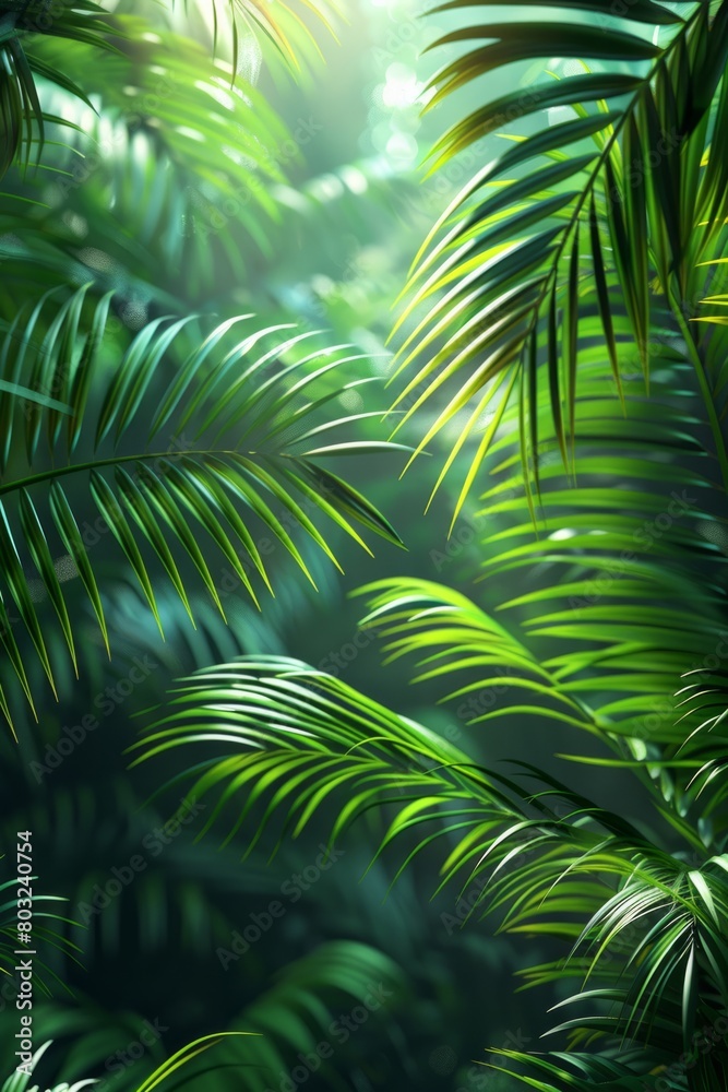 Sunlight filtering through tropical forest foliage, vertical summer inviting background