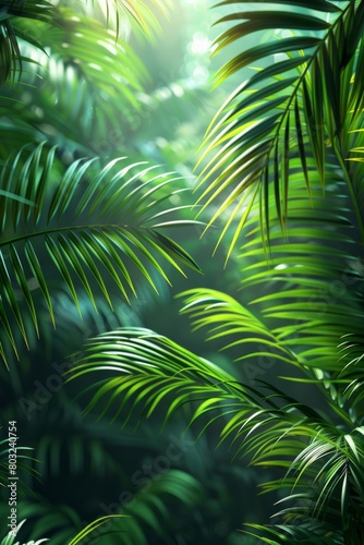 Sunlight filtering through tropical forest foliage  vertical summer inviting background