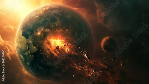 abstract of the Earth being hit by a meteorite Hit burning and exploding 