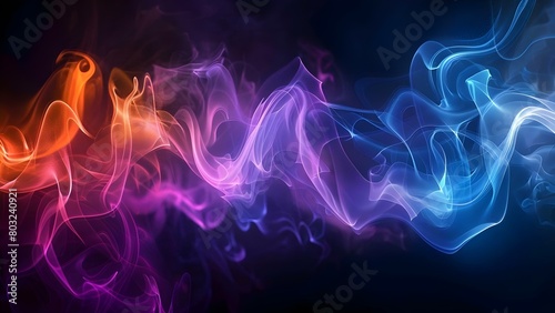 Abstract perple blue pink orange perple colors with glowing waves and smoke on black background. Concept Abstract, Purple, Blue, Pink, Orange, Glowing Waves, Smoke, Black Background
