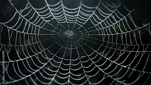 A close-up of a spider's web, its intricate patterns glistening with early morning dew, set against a solid dark background.
