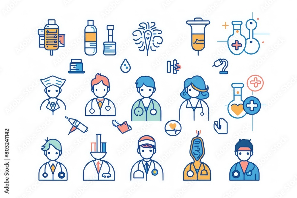 A set of medical icons featuring a nurse, a doctor, and medical tools. Ideal for healthcare and medical concept designs