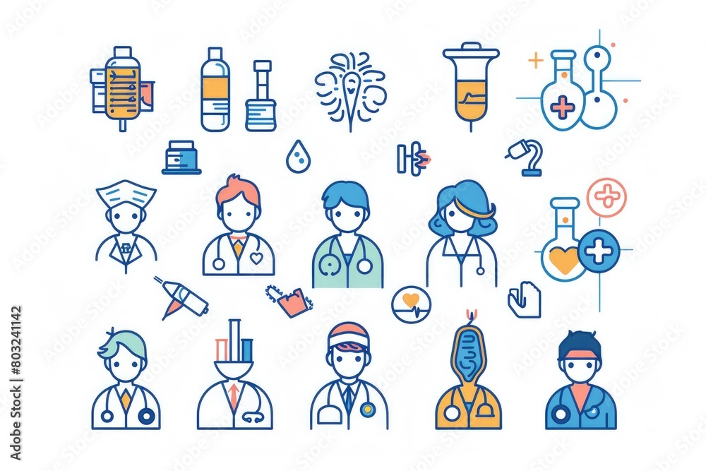 A set of medical icons featuring a nurse, a doctor, and medical tools. Ideal for healthcare and medical concept designs A set of medical icons featuring a nurse, a doctor, and medical tools. Ideal for healthcare and medical concept designs