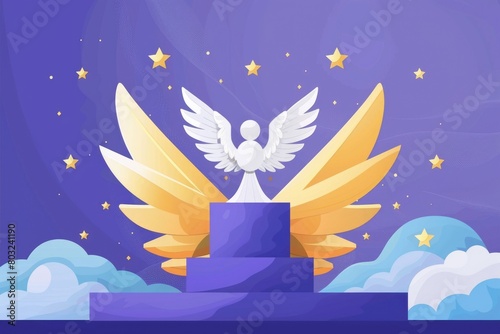 A white angel statue standing on a blue pedestal. Perfect for religious or spiritual concepts