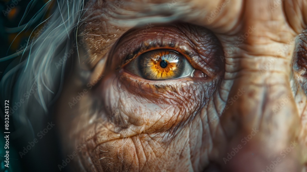 Portrait of elderly woman, an eye macro