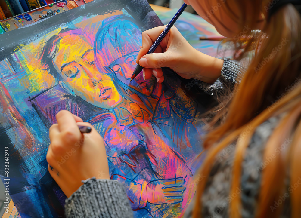 Obraz premium Artist focuses on painting vibrant faces on canvas using colorful palette in art studio setting