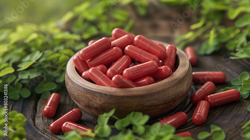 A red capsule containing herbal medicine was placed in a wooden cup and blurry backdrop was fresh green grass. photo