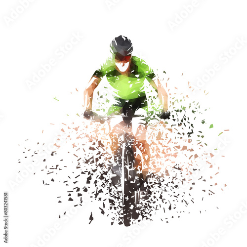 Cycling, man riding a mountain bike, isolated low poly vector illustration with shatter effect, front view